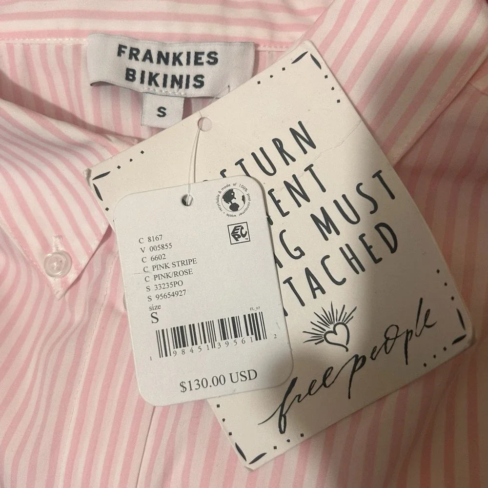 Free People x Frankies Bikinis Pink Stripe Pajama TopS Poplin Sleep Shirt S NWT